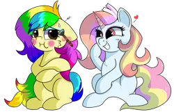 Size: 1115x717 | Tagged: safe, artist:rainbowtashie, author:bigonionbean, derpibooru import, fleur-de-lis, sassy saddles, oc, oc:exquisite attire, oc:rainbow tashie, earth pony, unicorn, adorable face, blushing, commissioner:bigonionbean, cute, eyeshadow, fusion, fusion:exquisite attire, magic, makeup, sitting