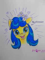 Size: 1069x1426 | Tagged: safe, artist:olgfox, derpibooru import, oc, oc:lightning flash, pegasus, pony, bust, cute, daaaaaaaaaaaw, female, flower, flower in hair, heart, mare, nya, open mouth, portrait, russia, simple background, smiling, solo, traditional art, white background