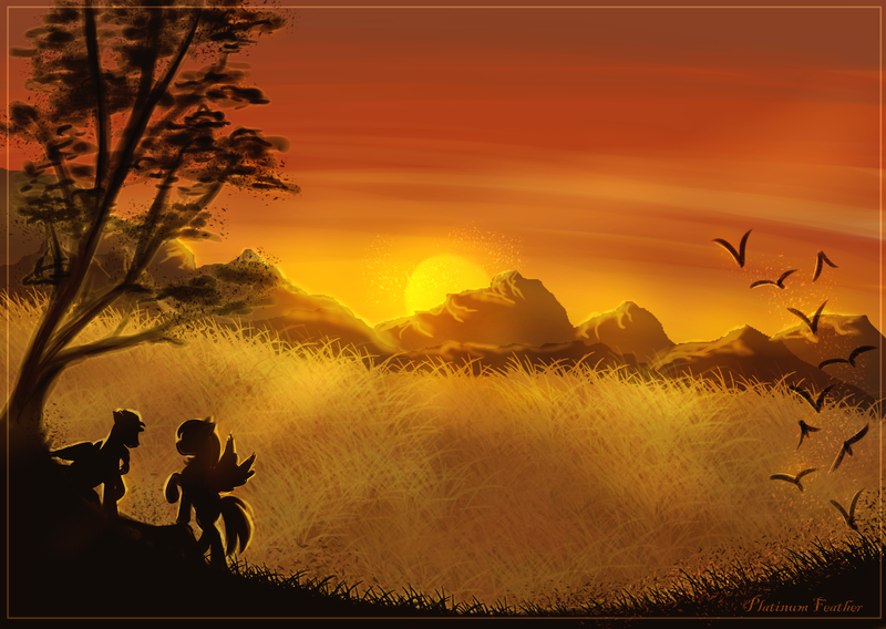 Size: 2038x1446 | Tagged: safe, artist:platinum feather, derpibooru import, oc, oc:precised note, unofficial characters only, bird, pegasus, pony, commission, countryside, cowboy hat, field, grass, grass field, hat, mountain, mountain range, one hoof raised, scenery, silhouette, spread wings, sun, sunset, tree, wallpaper, watermark, wings