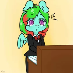Size: 797x797 | Tagged: anthro, artist:themoustachemare, bowtie, clothes, colored pupils, derpibooru import, eyebrows, gradient background, keyboard, musical instrument, :o, oc, oc:precised note, open mouth, piano, playing, safe, shocked, shocked expression, simple background, standing, startled, suit, tuxedo, watermark, wings