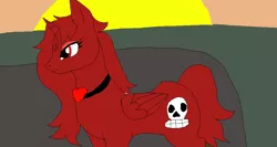 Size: 963x514 | Tagged: safe, derpibooru import, oc, unofficial characters only, alicorn, pony, alicorn oc, edgy, female, heart, horn, jewelry, makeup, mare, necklace, red, red eyes, red eyeshadow, skull, solo, sunset, wings