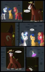 Size: 707x1131 | Tagged: safe, artist:chedx, author:bigonionbean, derpibooru import, big macintosh, flash sentry, shining armor, trouble shoes, earth pony, pegasus, pony, unicorn, comic:the fusion flashback, butt bump, comic, commissioner:bigonionbean, dialogue, doodle, dresser, frightened, fusion, hat, magic, potion, scared, slammed door