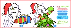 Size: 4017x1586 | Tagged: safe, artist:kimjoman, derpibooru import, oc, pony, christmas, christmas lights, christmas tree, commission, eyes closed, female, hat, holiday, looking at you, male, one eye closed, present, santa hat, spread wings, tree, wings, wink, ych sketch, your character here