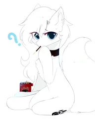 Size: 1000x1300 | Tagged: safe, artist:heddopen, derpibooru import, oc, oc:loulou, unofficial characters only, earth pony, pony, chest fluff, cute, ear fluff, female, fluffy tail, food, looking at you, mare, pocky, pure white, simple background, sitting, white background