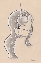 Size: 2125x3208 | Tagged: safe, artist:peruserofpieces, derpibooru import, princess luna, alicorn, pony, bust, female, fluffy, horn, looking at you, one eye closed, pencil drawing, silly, smiling, solo, toned paper, tongue out, traditional art, wink