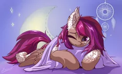 Size: 3540x2156 | Tagged: safe, artist:rednite, derpibooru import, oc, oc:asteroid trail, unofficial characters only, pegasus, pony, bed hair, cute, dishevelled, dreamweaver, one eye closed, pillow, sleepy, solo