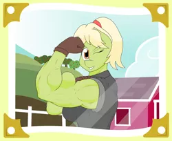 Size: 3702x3028 | Tagged: safe, artist:matchstickman, derpibooru import, granny smith, anthro, earth pony, biceps, breasts, clothes, female, flexing, grin, looking at you, muscles, muscular female, one eye closed, photo, shirt, smiling, solo, sweet apple acres, wink, younger, young granny smith