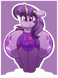 Size: 2100x2806 | Tagged: suggestive, artist:graphenescloset, derpibooru import, oc, oc:magna-save, unofficial characters only, pony, unicorn, adorafatty, ass, both cutie marks, butt, butts, clothes, cute, fat, female, high res, huge butt, impossibly large butt, impossibly wide ass, impossibly wide hips, large butt, mare, ocbetes, shirt, silly, simple background, smiling, solo, solo female, the ass was fat, thighs, thunder thighs, wide hips