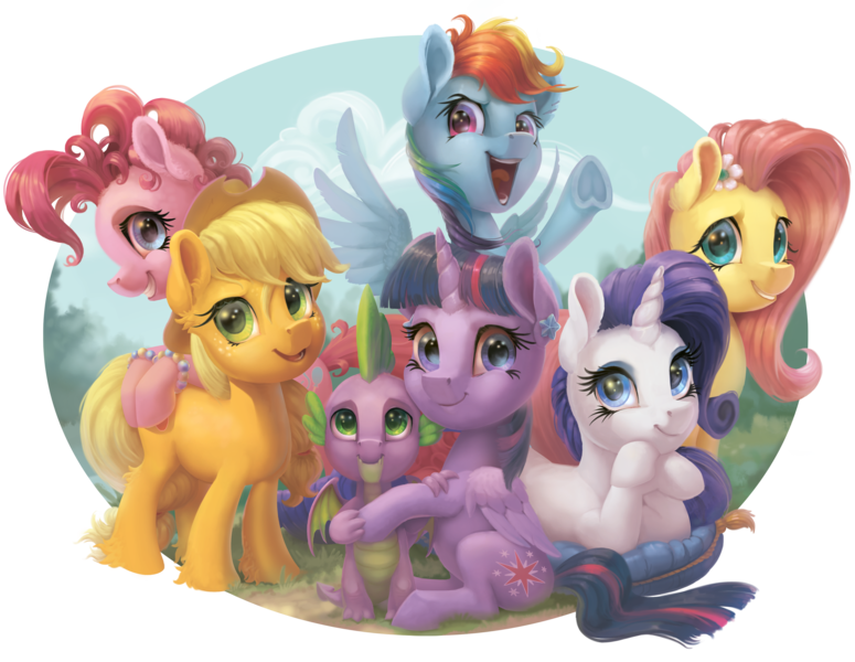 Size: 4134x3200 | Tagged: safe, artist:gor1ck, derpibooru import, applejack, fluttershy, pinkie pie, rainbow dash, rarity, spike, twilight sparkle, twilight sparkle (alicorn), alicorn, dragon, earth pony, pegasus, pony, unicorn, bracelet, end of ponies, female, flower, flower in hair, folded wings, head on hoof, hoof under chin, jewelry, looking at you, mane seven, mane six, mare, open mouth, outdoors, partial background, pillow, prone, simple background, sitting, smiling, spread wings, standing, transparent background, underhoof, unshorn fetlocks, winged spike, wings