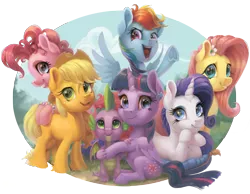 Size: 4134x3200 | Tagged: safe, artist:gor1ck, derpibooru import, applejack, fluttershy, pinkie pie, rainbow dash, rarity, spike, twilight sparkle, twilight sparkle (alicorn), alicorn, dragon, earth pony, pegasus, pony, unicorn, bracelet, end of ponies, female, flower, flower in hair, folded wings, head on hoof, hoof under chin, jewelry, looking at you, mane seven, mane six, mare, open mouth, outdoors, partial background, pillow, prone, simple background, sitting, smiling, spread wings, standing, transparent background, underhoof, unshorn fetlocks, winged spike, wings