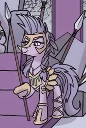 Size: 244x360 | Tagged: safe, artist:tonyfleecs, derpibooru import, idw, terri belle, earth pony, pony, spoiler:comic, spoiler:comicfeatsoffriendship03, armor, braid, cropped, female, hoof hold, hoof shoes, mare, official comic, solo, spear, thracian, weapon