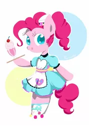 Size: 1230x1732 | Tagged: safe, artist:1drfl_world_end, derpibooru import, pinkie pie, ponified, earth pony, pony, coinky-dink world, eqg summertime shorts, equestria girls, abstract background, apron, bipedal, clothes, cute, diapinkes, dress, equestria girls ponified, female, mare, milkshake, ponytail, server pinkie pie, solo, tongue out, tray