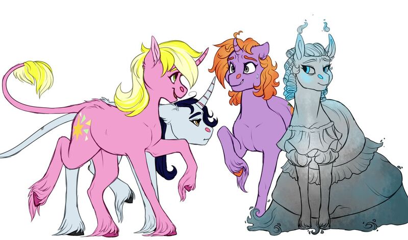 Size: 1280x755 | Tagged: safe, artist:loladotz, derpibooru import, moonlight raven, sunshine smiles, oc, oc:eerie lantern, oc:scarlet orange, earth pony, ghost, pony, undead, unicorn, clothes, dress, female, grin, leonine tail, monster mare, nervous, nervous grin, raised hoof, siblings, simple background, sisters, smiling, sweat, sweatdrop, unshorn fetlocks, white background