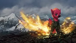 Size: 1920x1080 | Tagged: artist:quvr, clothes, derpibooru import, fire, hippogriff, male, mountain, mountain range, oc, oc:arcus flamefeather, safe, solo, unofficial characters only