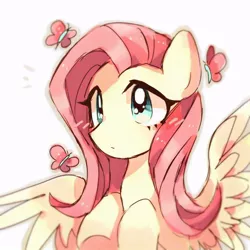 Size: 900x900 | Tagged: safe, artist:jojofassbender, derpibooru import, fluttershy, butterfly, pegasus, pony, bust, cute, female, hooves to the chest, mare, portrait, shyabetes, simple background, solo, spread wings, three quarter view, white background, wings