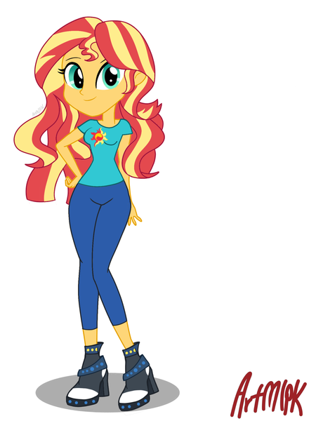 Size: 1536x2048 | Tagged: safe, artist:artmlpk, derpibooru import, sunset shimmer, equestria girls, alternate hairstyle, boots, clothes, cutie mark, leggings, looking at you, shoes, simple background, smiling, solo, vector, white background