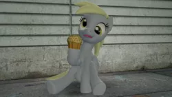 Size: 1366x768 | Tagged: safe, artist:nintenyt, deleted from derpibooru, derpibooru import, derpy hooves, ditzy doo, pegasus, pony, 3d, city, cross-eyed, derp, food, gmod, gray coat, grey pegasus, grey pony, happy, muffin, sitting, sitting pony, smiling, yellow eyes, yellow hair