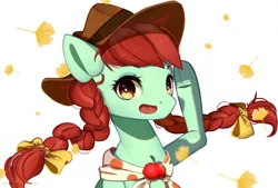 Size: 1032x698 | Tagged: safe, artist:togeticisa, derpibooru import, candy apples, earth pony, pony, apple, apple family member, background pony, bow, braid, braided pigtails, bust, cowboy hat, cute, female, food, hair bow, hat, leaf, leaves, looking at you, mare, open mouth, portrait, simple background, solo, white background