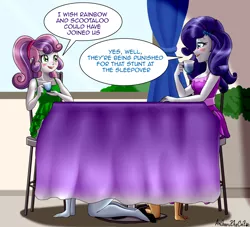 Size: 3290x2990 | Tagged: suggestive, artist:anibaruthecat, derpibooru import, rainbow dash, rarity, scootaloo, sweetie belle, equestria girls, alternate versions at source, breasts, clothes, dialogue, female, food, high heels, lesbian, rariloo, shipping, shoes, sweetiedash, table, tea, under the table