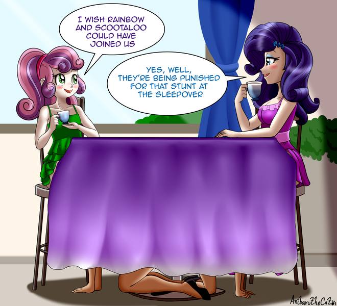 Size: 3290x2990 | Tagged: suggestive, alternate version, artist:anibaruthecat, derpibooru import, rainbow dash, rarity, scootaloo, sweetie belle, equestria girls, breasts, clothes, dialogue, female, food, high heels, implied cunnilingus, implied oral, implied sex, lesbian, rariloo, shipping, shoes, siblings, sisters, sweetiedash, table, tea, under the table