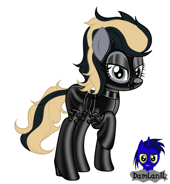 Size: 3840x4154 | Tagged: safe, artist:damlanil, derpibooru import, oc, oc:detective stone, pegasus, pony, bondage, bondage mask, catsuit, clothes, commission, female, gag, gimp suit, high heels, hood, latex, latex suit, makeup, mare, muzzle gag, raised hoof, rubber, shiny, shoes, simple background, solo, transparent background, wings