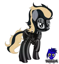 Size: 3840x4154 | Tagged: safe, artist:damlanil, derpibooru import, oc, oc:detective stone, pegasus, pony, bondage, bondage mask, catsuit, clothes, commission, female, gag, gimp suit, high heels, hood, latex, latex suit, makeup, mare, muzzle gag, raised hoof, rubber, shiny, shoes, simple background, solo, transparent background, wings