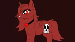 Size: 683x384 | Tagged: safe, derpibooru import, oc, unofficial characters only, alicorn, pony, alicorn oc, black background, edgy, evil, female, heart, heart necklace, horn, jewelry, mare, necklace, oc villain, red, red eyes, simple background, skull, smiling, solo, wings