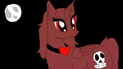 Size: 683x384 | Tagged: safe, derpibooru import, oc, unofficial characters only, alicorn, pony, alicorn oc, black background, edgy, evil, heart, heart necklace, horn, jewelry, moon, necklace, oc villain, red, red eyes, simple background, skull, smiling, solo, space, stars, wings