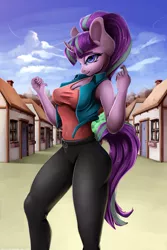 Size: 2000x3000 | Tagged: safe, artist:skitsniga, derpibooru import, starlight glimmer, anthro, unicorn, beckoning, breasts, busty starlight glimmer, clothes, contrail, female, high res, s5 starlight, skintight clothes, solo, starlight's village