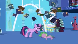 Size: 2880x1619 | Tagged: safe, derpibooru import, screencap, spike, twilight sparkle, dragon, pony, unicorn, friendship is magic, book, duo, face down, faceplant, female, garyfier, hourglass, magic, male, mare, telekinesis, twilight's canterlot home, unicorn twilight