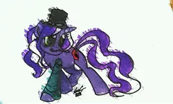 Size: 2048x1226 | Tagged: safe, alternate version, artist:lucas_gaxiola, derpibooru import, oc, oc:purple tinker, unofficial characters only, pony, unicorn, artifact, facial hair, female, hat, horn, mare, moustache, signature, solo, top hat, traditional art, unicorn oc