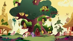 Size: 2880x1620 | Tagged: safe, derpibooru import, screencap, fluttershy, spike, twilight sparkle, dragon, pegasus, pony, unicorn, friendship is magic, afternoon, beehive, dragons riding ponies, female, golden oaks library, male, mare, riding, tree, trio, unicorn twilight