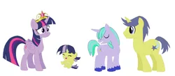 Size: 1216x532 | Tagged: safe, artist:springthornwillow, derpibooru import, comet tail, twilight sparkle, twilight sparkle (alicorn), oc, oc:crystal shield, oc:fire sparks, alicorn, pony, unicorn, alicorn oc, baby, baby pony, base used, big crown thingy, colt, cometlight, element of magic, family, female, filly, horn, jewelry, male, offspring, parent:comet tail, parent:twilight sparkle, parents:cometlight, regalia, shipping, simple background, straight, white background, wings