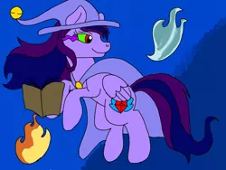 Size: 1024x768 | Tagged: safe, artist:wolfspiritclan, derpibooru import, oc, oc:pony adean, oc:stormy nights, pegasus, pony, cape, clothes, conjuring, fire, hat, levitation, looking back, magic, original character do not steal, sombra eyes, telekinesis, witch hat