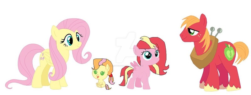 Size: 1280x486 | Tagged: safe, artist:springthornwillow, derpibooru import, big macintosh, fluttershy, oc, oc:daisy bloom, oc:golden melon, earth pony, pegasus, pony, baby, baby pony, base used, deviantart watermark, family, female, filly, fluttermac, male, obtrusive watermark, offspring, parent:big macintosh, parent:fluttershy, parents:fluttermac, shipping, simple background, straight, tongue out, watermark, white background