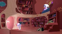 Size: 2880x1620 | Tagged: safe, derpibooru import, screencap, spike, twilight sparkle, dragon, pony, unicorn, friendship is magic, book, bookshelf, duo, female, golden oaks library, hat, lampshade, lampshade hat, male, mare, twilight's bedroom, unicorn twilight