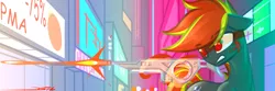 Size: 1500x500 | Tagged: safe, artist:deafjaeger, derpibooru import, oc, oc:deafjaeger, earth pony, pony, angry, blaster, bullet, city, cityscape, cyberpunk, energy weapon, glowing eyes, grin, gun, lights, magic, night, police, raider, shooting, smiling, soft shading, solo, street, technology, telekinesis, weapon