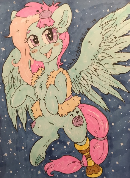 Size: 2888x3962 | Tagged: safe, artist:chibichangeling, derpibooru import, kerfuffle, pegasus, pony, rainbow roadtrip, amputee, female, snow, snowfall, solo, traditional art