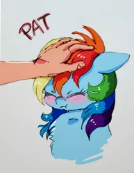 Size: 1063x1377 | Tagged: safe, artist:buttersprinkle, derpibooru import, rainbow dash, human, pony, :t, blushing, chest fluff, cute, dashabetes, eyes closed, grumpy, hand, head pat, offscreen character, offscreen human, pat, patting, pony pet, rainbow dash is not amused, simple background, unamused