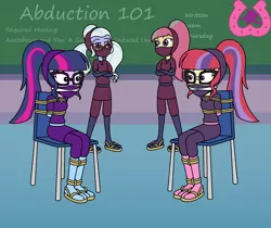 Size: 1234x1036 | Tagged: safe, artist:author92, derpibooru import, moondancer, sci-twi, sour sweet, sugarcoat, twilight sparkle, equestria girls, alternate costumes, arm behind back, bondage, brightly colored ninjas, cleave gag, clothes, crossed arms, crystal prep academy, female, gag, kunoichi, mask, ninja, rope, rope bondage, sandals, socks, tied to chair