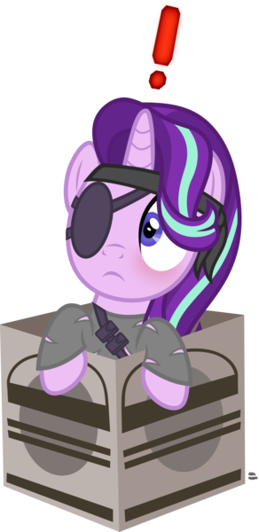 Size: 922x1897 | Tagged: safe, artist:anime-equestria, derpibooru import, starlight glimmer, pony, unicorn, big boss, blushing, box, caught, clothes, cute, exclamation point, eyepatch, female, headband, horn, mare, metal gear, metal gear solid, naked snake, pony in a box, pouch, pouches, ripped, simple background, solid snake, solo, transparent background, vector