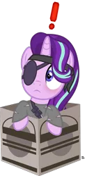 Size: 922x1897 | Tagged: safe, artist:anime-equestria, derpibooru import, starlight glimmer, pony, unicorn, big boss, blushing, box, caught, clothes, cute, exclamation point, eyepatch, female, headband, horn, mare, metal gear, metal gear solid, naked snake, pony in a box, pouch, pouches, ripped, simple background, solid snake, solo, transparent background, vector