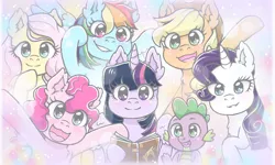 Size: 854x512 | Tagged: safe, artist:marshmallowbreeze, derpibooru import, applejack, fluttershy, pinkie pie, rainbow dash, rarity, spike, twilight sparkle, twilight sparkle (alicorn), alicorn, dragon, earth pony, pegasus, pony, unicorn, book, chest fluff, cute, ear fluff, end of ponies, female, looking at you, male, mane seven, mane six, mare, open mouth