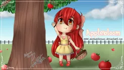 Size: 1024x576 | Tagged: safe, artist:abichobitsmoon, derpibooru import, apple bloom, human, apple, apple tree, basket, clothes, food, humanized, solo, tongue out, tree