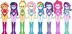 Size: 3392x1620 | Tagged: suggestive, artist:invisibleink, artist:marcusvanngriffin, deleted from derpibooru, derpibooru import, applejack, fluttershy, pinkie pie, rainbow dash, rarity, sci-twi, starlight glimmer, sunset shimmer, twilight sparkle, equestria girls, mirror magic, spoiler:eqg specials, beanie, belly button, boots, breasts, clothes, cowboy hat, cutie mark, elbow pads, female, group, hat, humane eight, humane five, humane seven, humane six, knee pads, looking at you, midriff, shoes, simple background, sports, sports bra, sports panties, transparent background, vector, watch, wrestler, wrestling