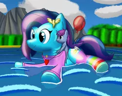Size: 1006x794 | Tagged: safe, artist:bladedragoon7575, derpibooru import, oc, oc:cirrus updraft, oc:mobian, unofficial characters only, inflatable pony, pony, balloon, commission, cute, hug, inflatable, lake, ponies riding ponies, riding, ych result