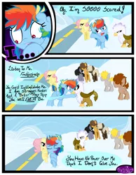 Size: 3500x4500 | Tagged: safe, artist:becauseimpink, derpibooru import, dumbbell, fluttershy, gilda, hoops, quarterback, rainbow dash, gryphon, pegasus, pony, comic:transition, angry, butterscotch, cloud, colt, comic, dialogue, dumb belle, female, filly, filly fluttershy, filly rainbow dash, guilder, hair over one eye, male, nervous, raised hoof, rule 63, sad, transgender, younger
