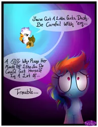 Size: 3500x4500 | Tagged: safe, artist:becauseimpink, derpibooru import, gilda, rainbow dash, gryphon, pegasus, pony, comic:transition, abstract background, comic, dialogue, female, filly, filly rainbow dash, guilder, rule 63, sad, speech, talking, transgender, younger