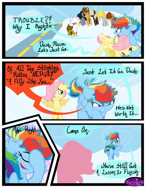 Size: 3500x4500 | Tagged: safe, artist:becauseimpink, derpibooru import, dumbbell, fluttershy, gilda, hoops, quarterback, rainbow dash, gryphon, pegasus, pony, comic:transition, angry, cloud, colt, comic, dialogue, dumb belle, facehoof, female, filly, filly fluttershy, filly rainbow dash, guilder, hair over one eye, male, messy mane, one eye closed, open mouth, rule 63, transgender, wink, younger