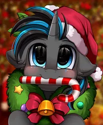 Size: 1446x1764 | Tagged: safe, artist:pridark, derpibooru import, oc, oc:blaze, pony, unicorn, bell, blushing, candy, candy cane, christmas, commission, cute, food, hat, holiday, mouth hold, ocbetes, pridark's christmas ponies, santa hat, solo, wreath, ych result